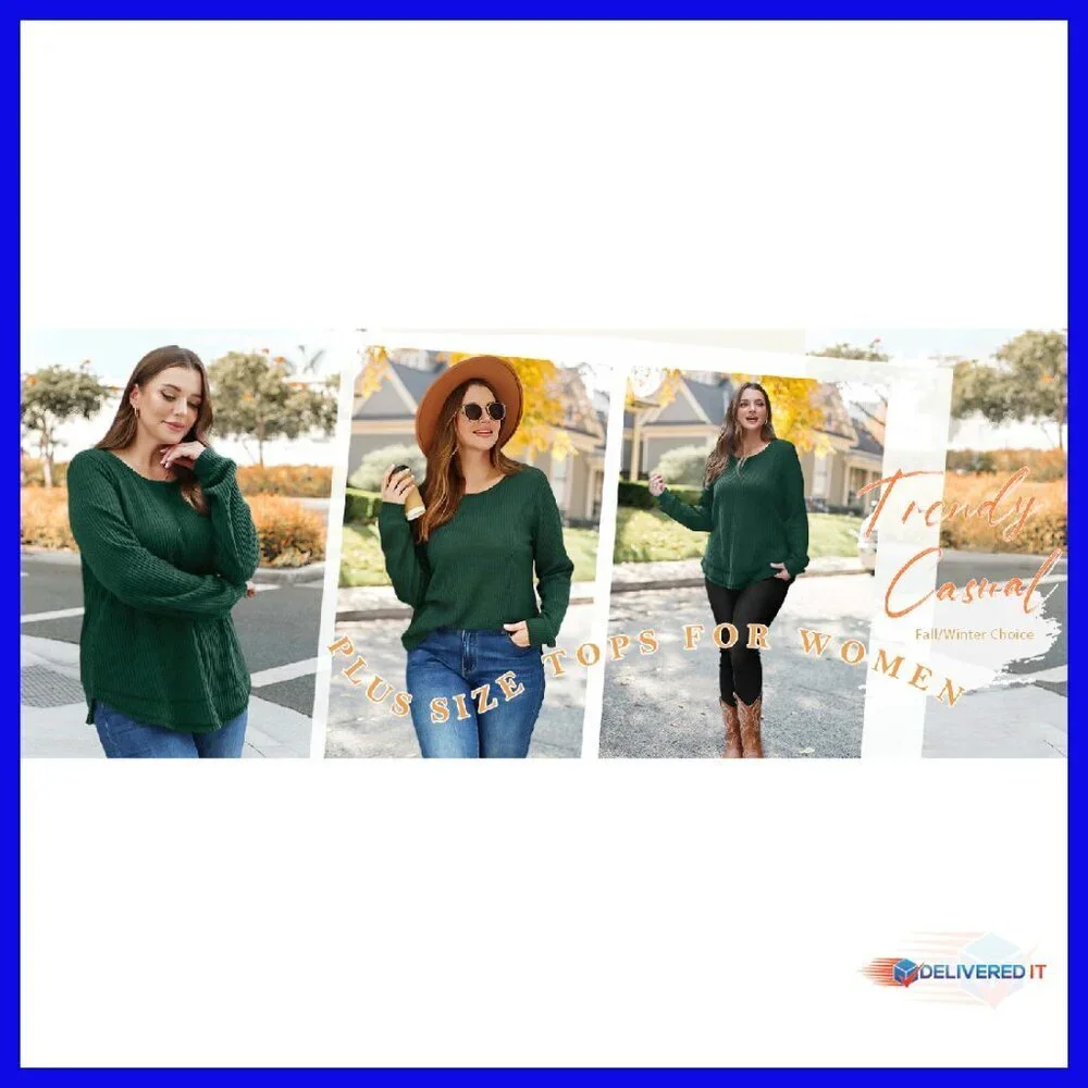 Waffle Knit Tunic Top Long Sleeve Crewneck Curved Hem Loose Fit